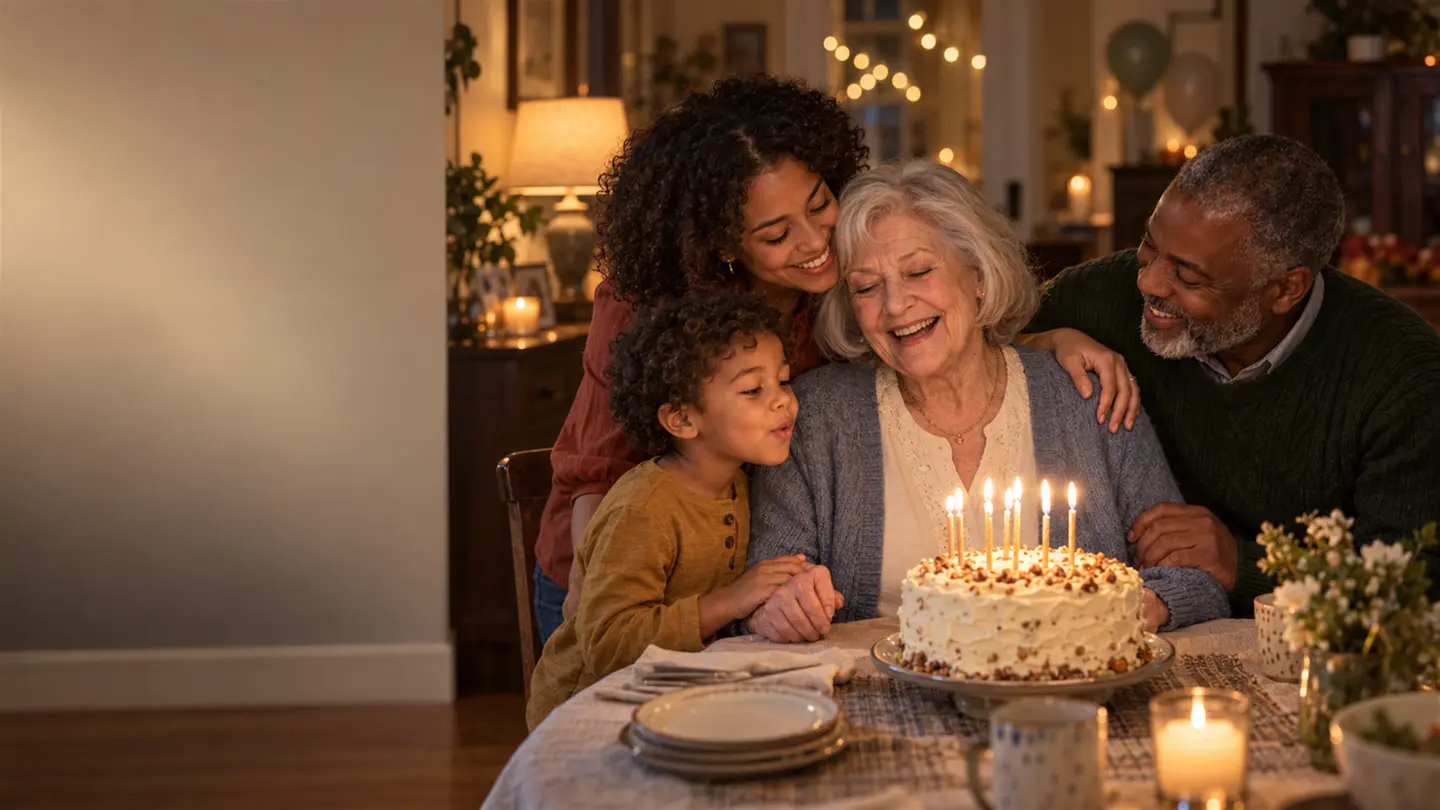 A grandmother smiles at her birthday cake as her granddaughter, her son-in-law and her great-grandson hug her.