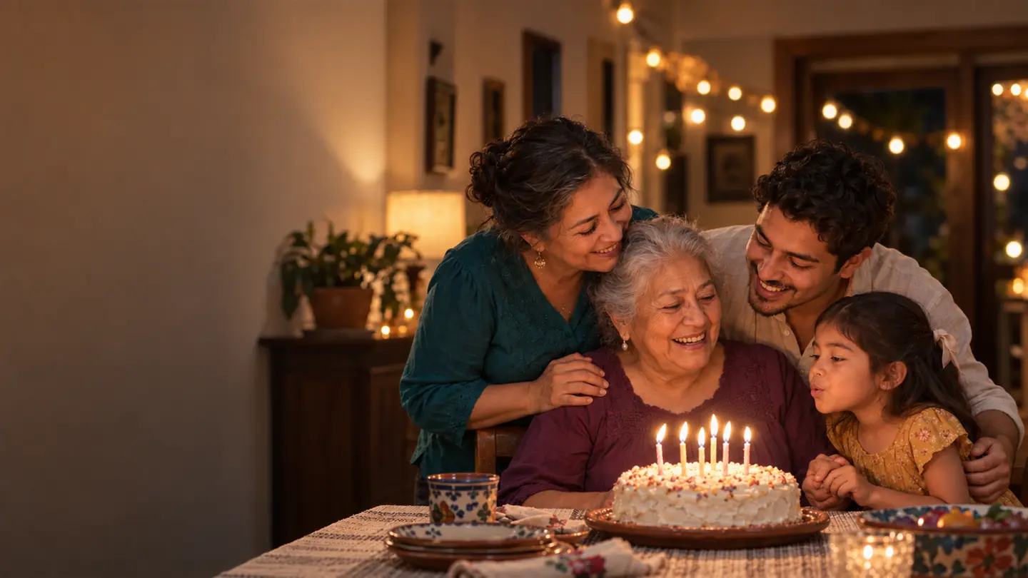 Una abuela sonríe frente a su pastel de cumpleaños mientras la abrazan su hija, su nieto y su bisnieta.